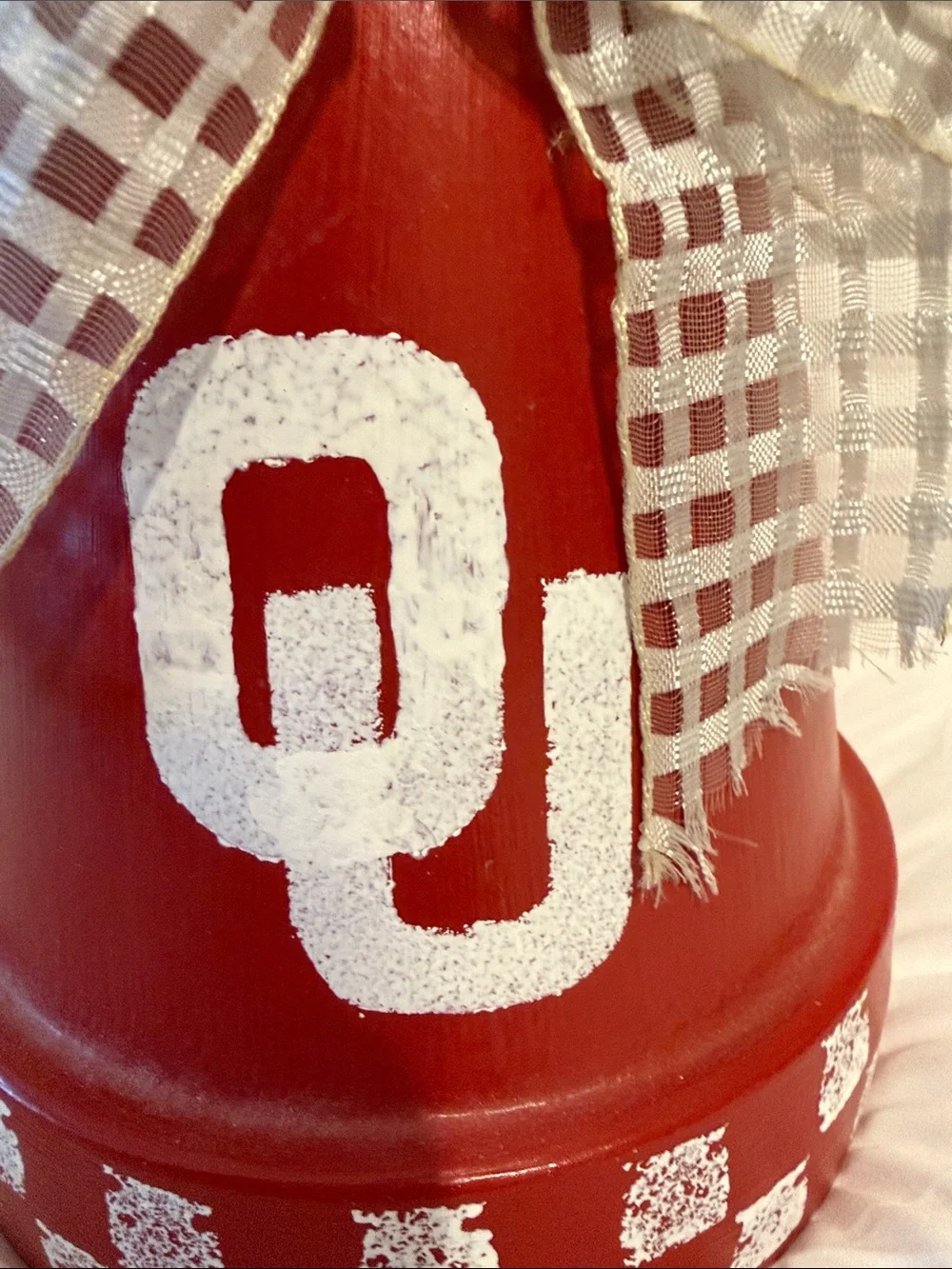 Red Decorative Glass Jar Vase with OU Accent and Checkered Base